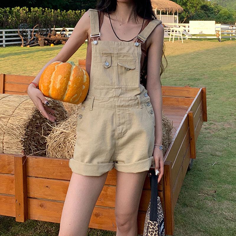 

Women s High-Waist Denim Overall Shorts - Casual American Style, Loose Fit, Cuffed Wide Leg Jumpsuit S хаки