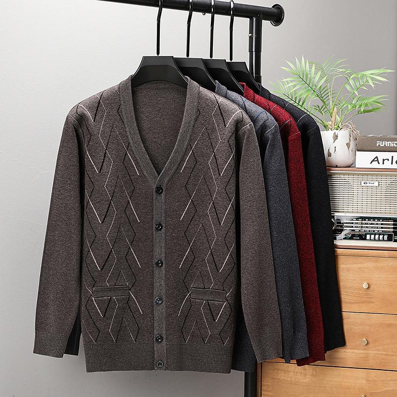 Men Plaid Knit Button Cardigan Casual Sweater Outerwear For Middle Aged Men