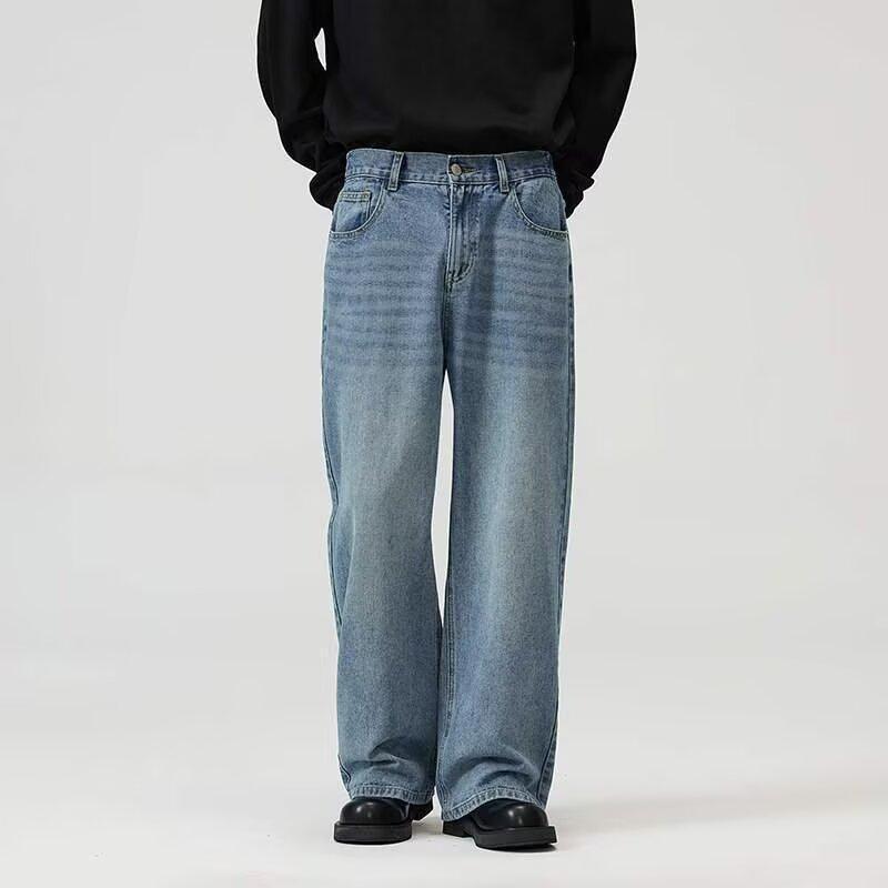 Jeans Autunnali a Gamba Dritta da Uomo Lavati Casual alla Moda di Marca Senso del Design High Street, Robusti e Belli Retrò con Pieghe a Lunghezza Pavimento