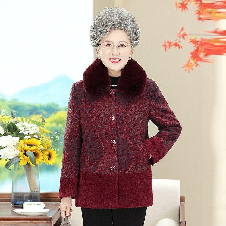 Elderly Women s Woolen Winter Coat: Thick Fleece-Lined Tang Suit for Grandma XL красный