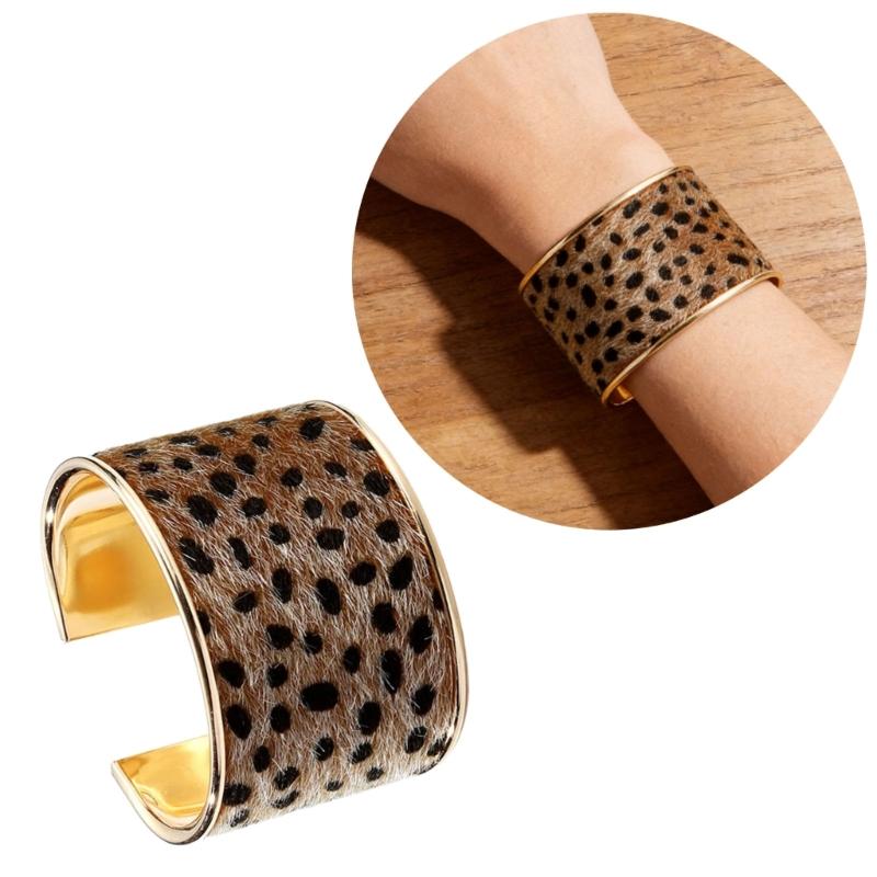 Adjustable Leopard Print Wide Cuff Bracelet Flocking Texture Wristband For Comfort Alloy Construction Stylish Wear