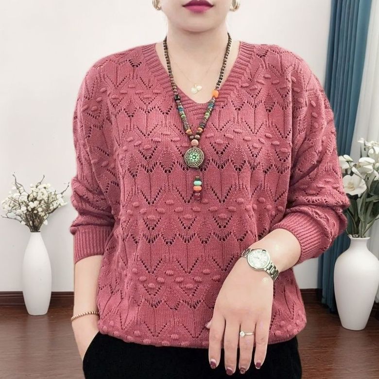 Long-sleeved Autumn Fashion Western-style V-neck Hollow Lightweight Temperament Blouse Sweater All-match
