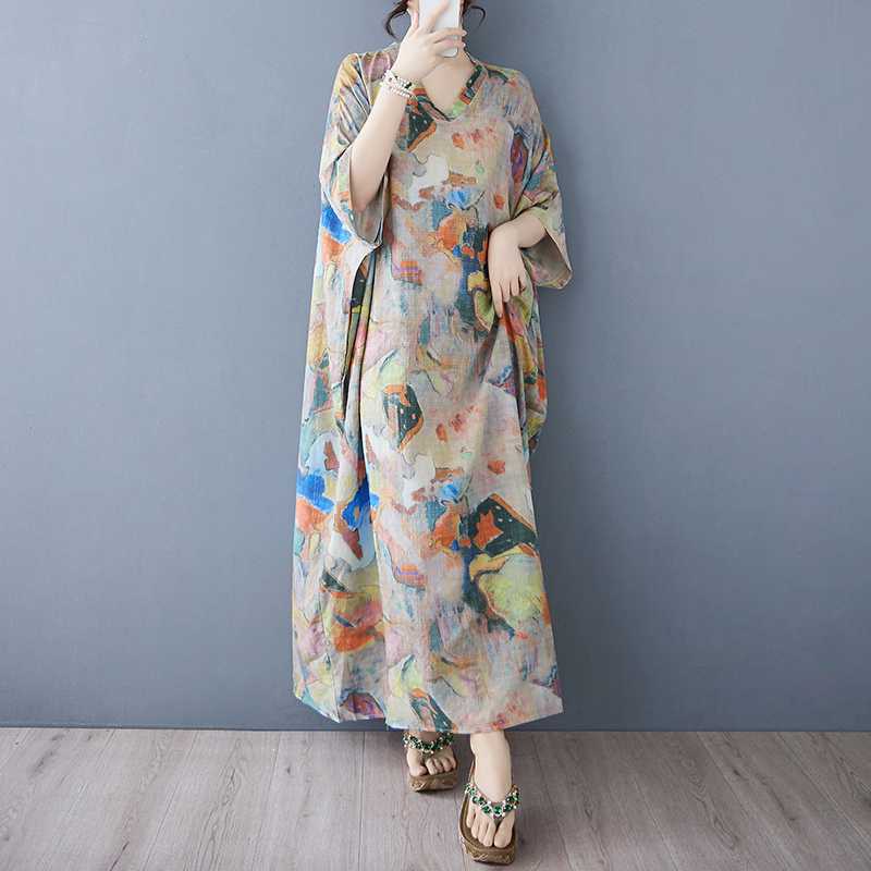 

Summer Color Travel V-neck Retro Long Skirt Cotton Linen Dress One size