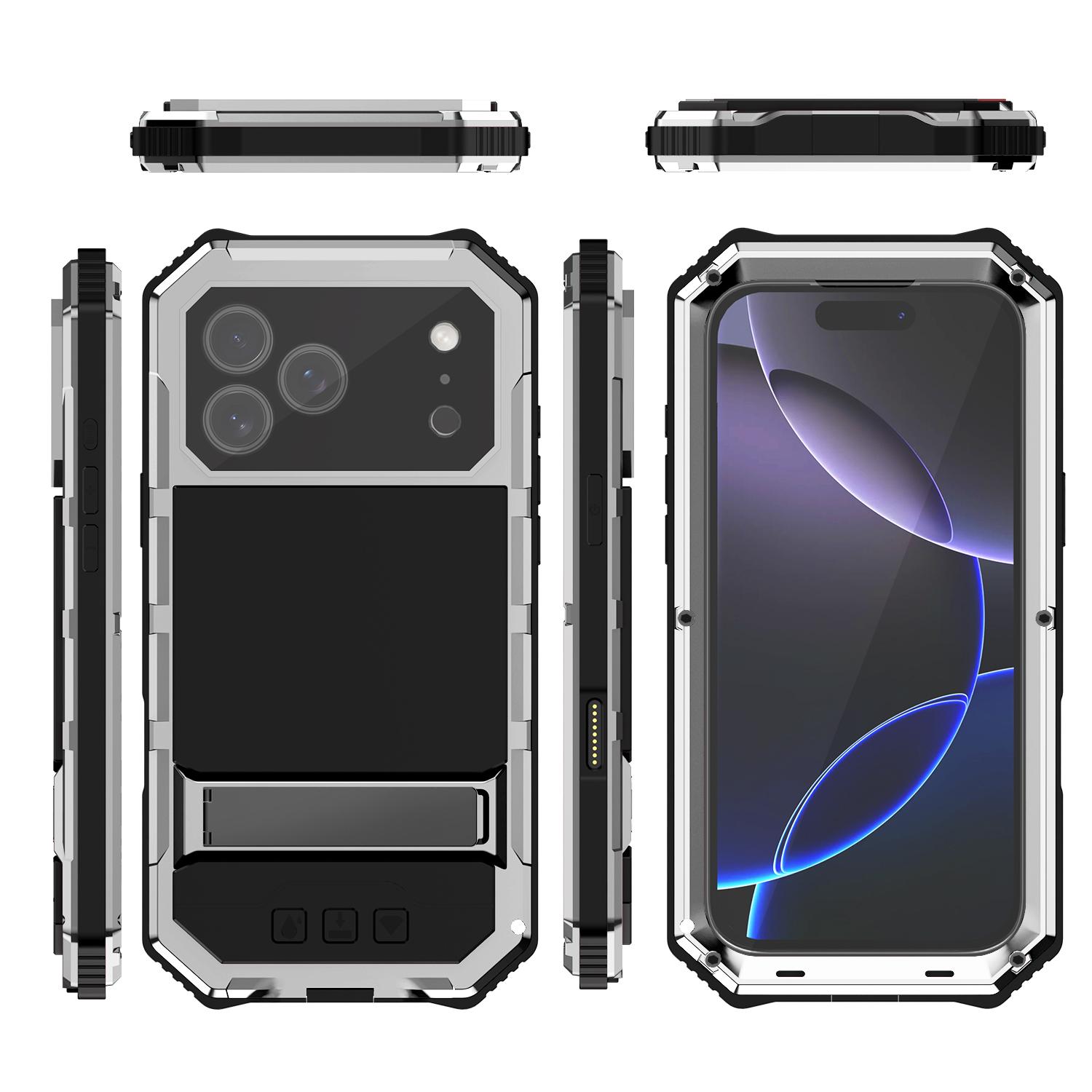 

For IPhone 17 Air 16 Pro Max 15 Pro 15 Plus Tempered Glass Armor Metal Anti-Fall Shockproof Bracket Case Camera Protective Cover iPhone 15 Pro Max&Case Strap срібний
