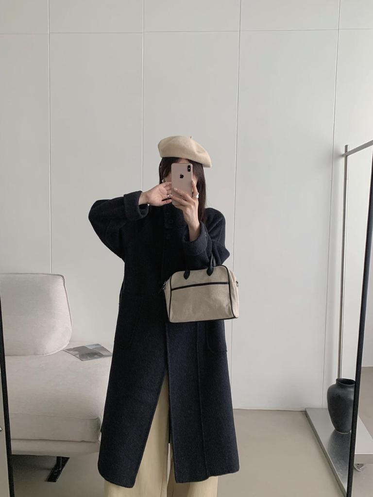 Korean Style Double-Faced Wool Coat with Stand-Up Collar, Tie-Waist, Extra-Long Design for Fall/Winter 2025