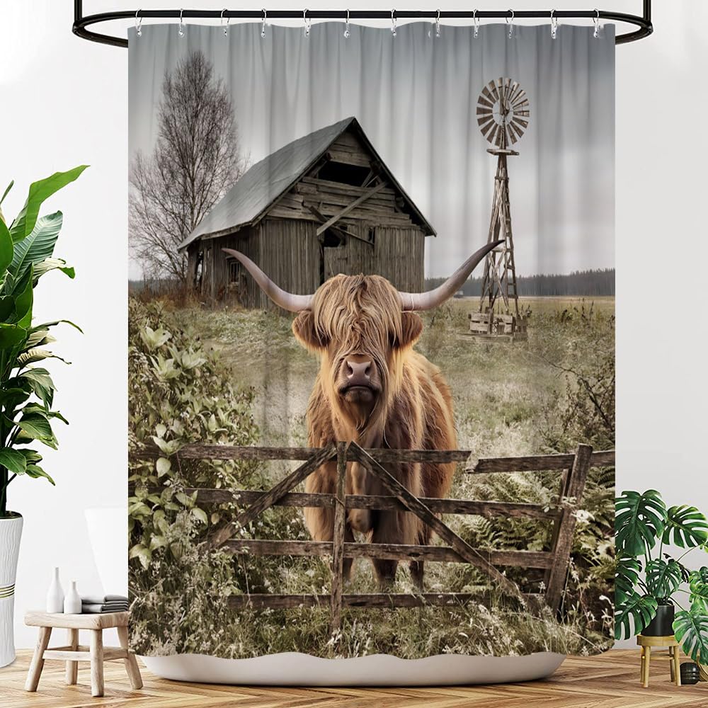 Highland Cow Shower Curtain Rustic Bull Western Farmhouse Cattle Country Restroom Accessories Funny Farm Animal Bathroom Decor