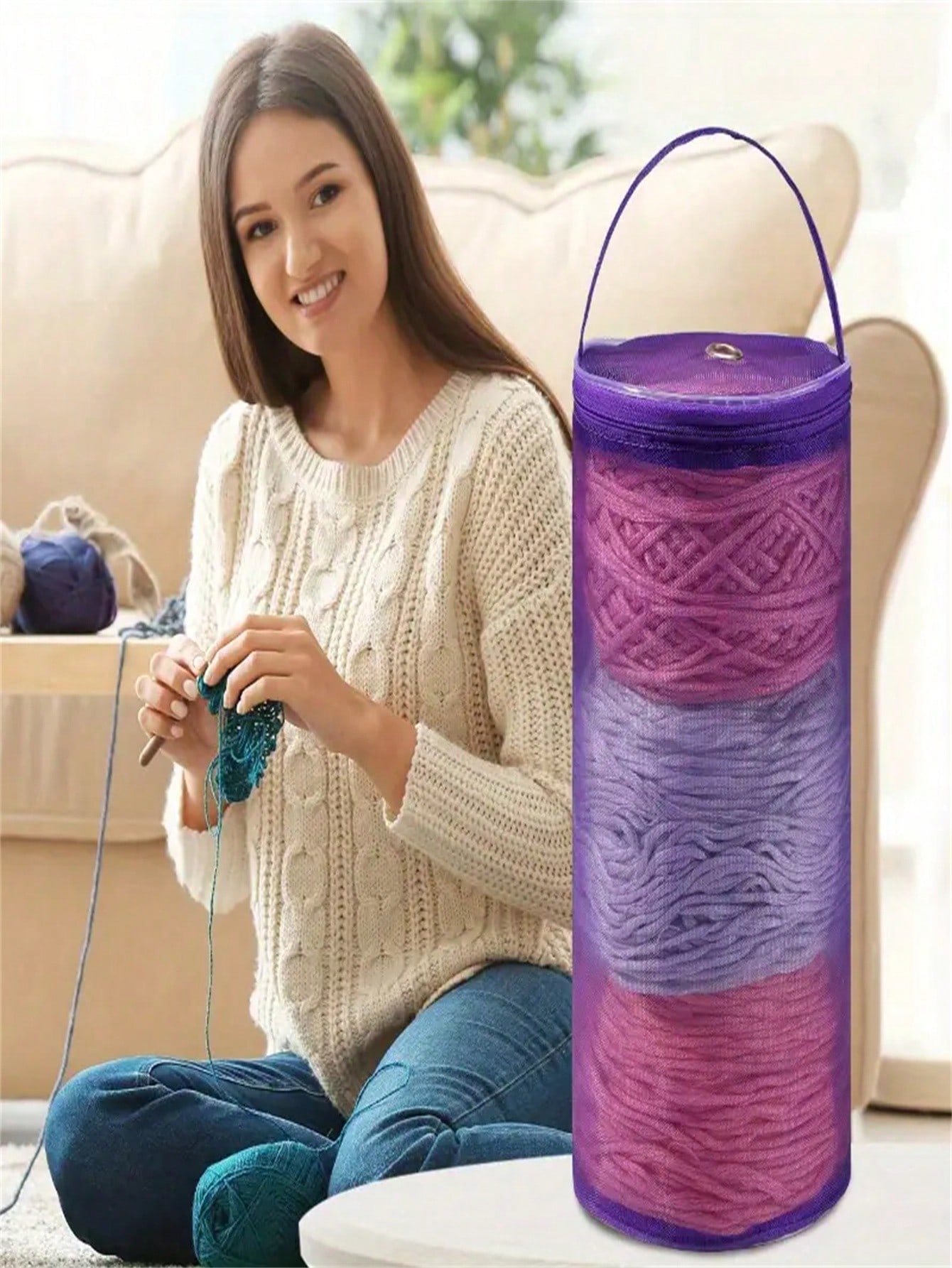 

1pc. Yarn Storage Bag Mesh Knitting Bag. Portable Round Yarn Wool Storage Bag. For Sewing Accessories, Yarn Balls And Crochet Hook Storage 13*26