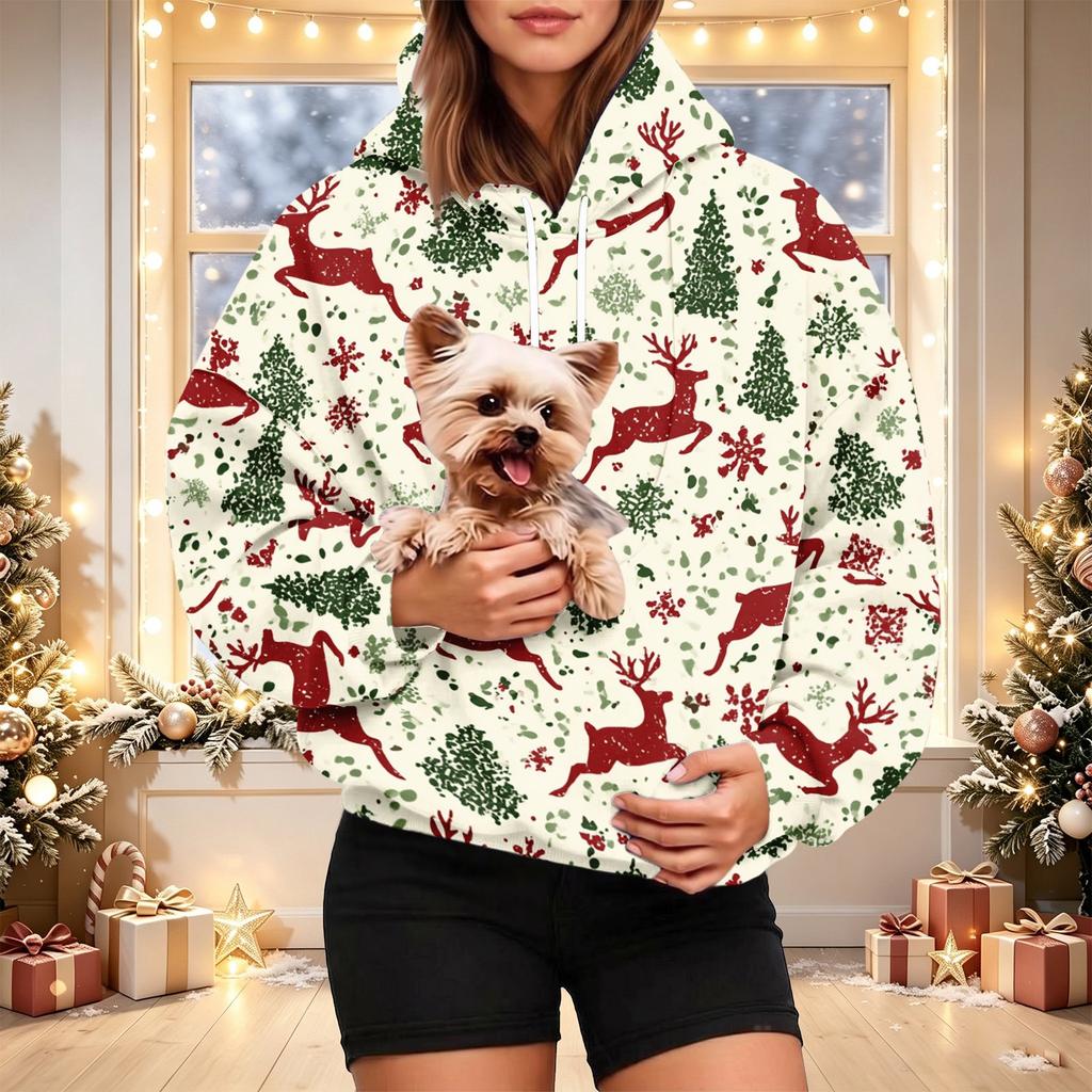 Damen Mode Weihnachtsdruck Hoodie mit Haustier-Tasche, Lässiger Pullover für Feiertagskleidung