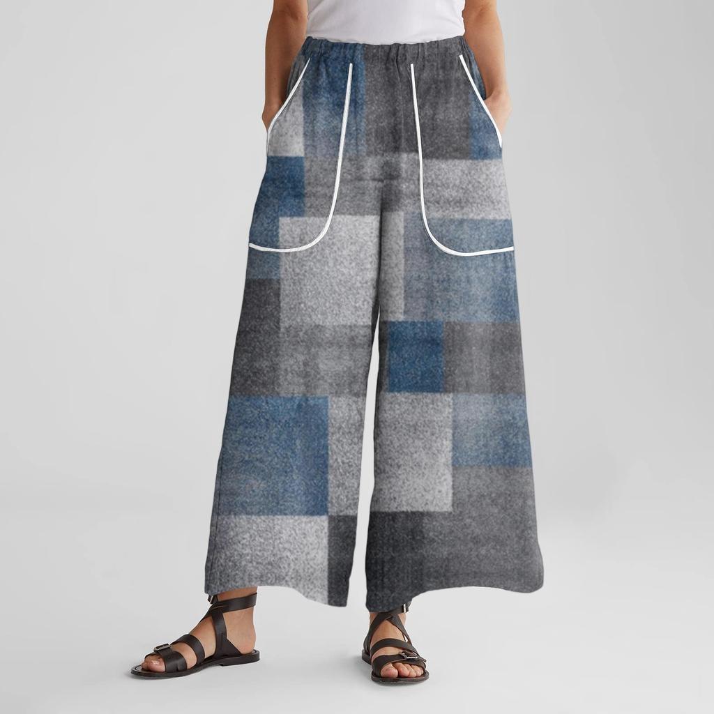 Women's Wide Leg Pants With Elastic Waistband, Retro Printed Large Pockets, Patchwork Loose Pants
