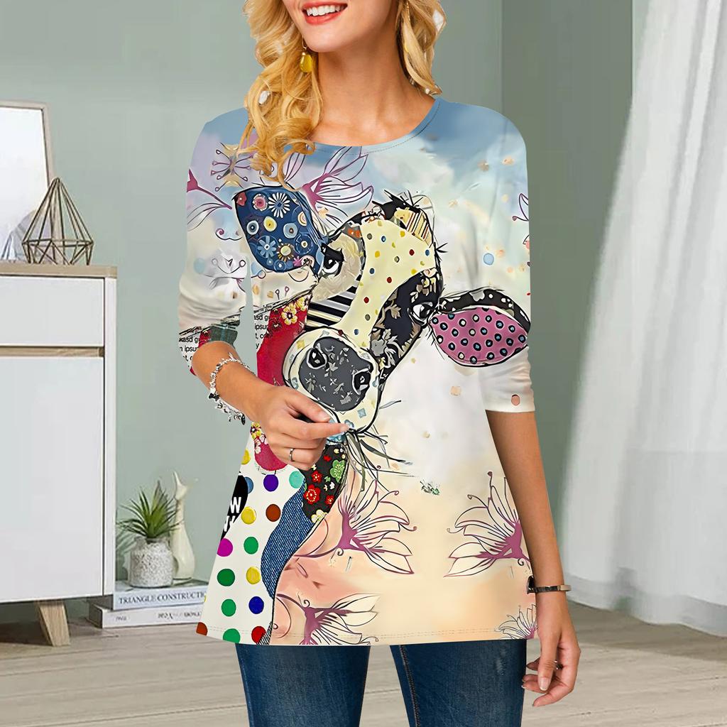 Plus Size Women Flower Deer Head Print Round Neck Casual Loose Long Sleeve Top