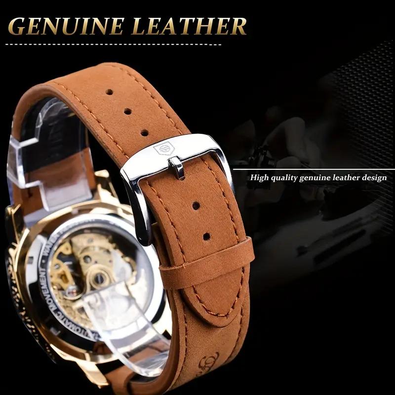 Forsining Men's Engraved Automatic Mechanical Watches, Retro Case Waterproof Hollow Luminous Pointers Casual Automatic Mechanical Wristwatch