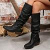 Fashion Slip On Thick Heels Knee High Boots Women Metal Decor Non Slip Pu Leather Boots Woman Plus Size 36-43 Retro Long Botas Mujer