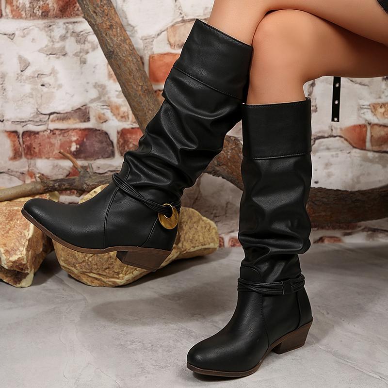 Fashion Slip On Thick Heels Knee High Boots Women Metal Decor Non Slip Pu Leather Boots Woman Plus Size 36-43 Retro Long Botas Mujer