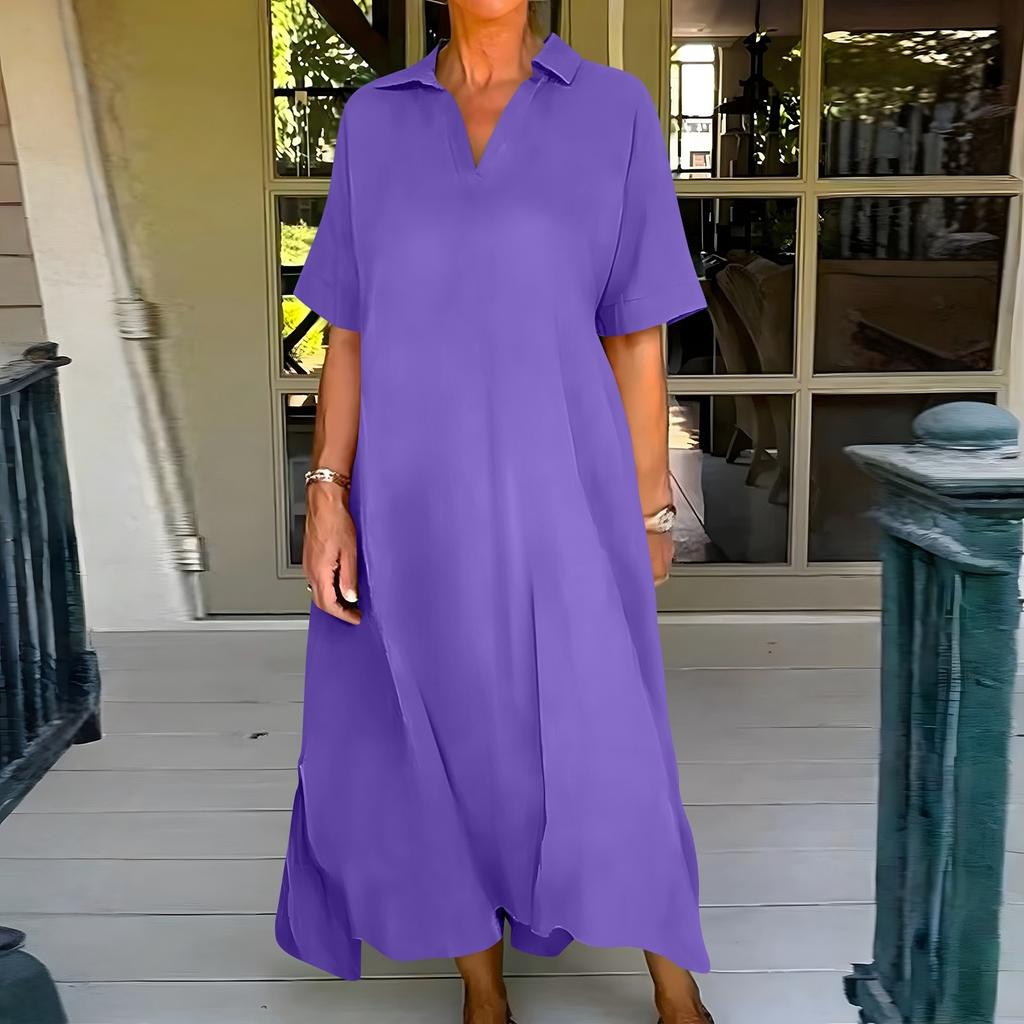 Dámské módní jednobarevné ležérní volné šaty s krátkým rukávem, klopou a širokou sukní