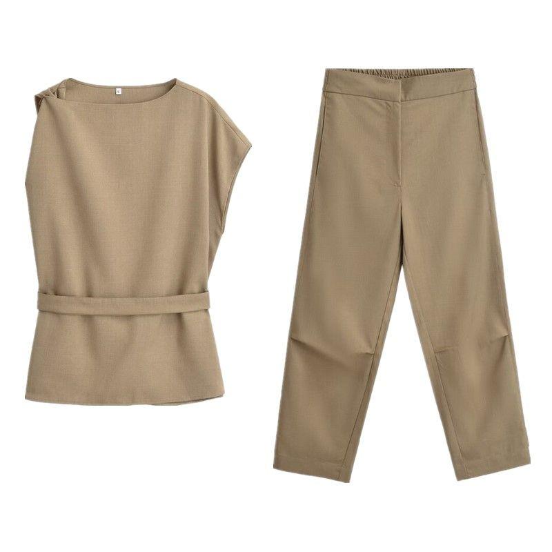 Fashion Style 2024 Summer New Arrival Women's Linen Blended Asymmetric round Neck Tops High Waist Pants 4043051