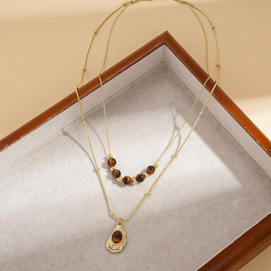Tiger's eye stone beaded love Saturn water drop pendant sweater chain autumn and winter fashion necklace