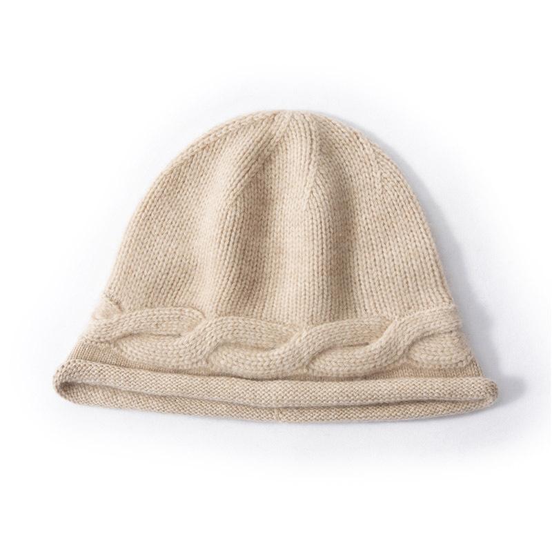 Pure Cashmere Autumn and Winter New Style Women's Cable Rolled Edge Thickened Ear Protection Warm Toe Cap Knitted Hat