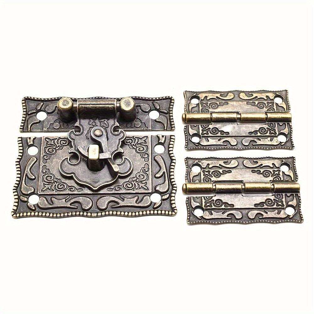 Sada 4 sad starožitného bronzového rytého hardwaru – složitá západka, vintage pant, bezpečný zámek pro dřevěné pouzdra a šperkovnice