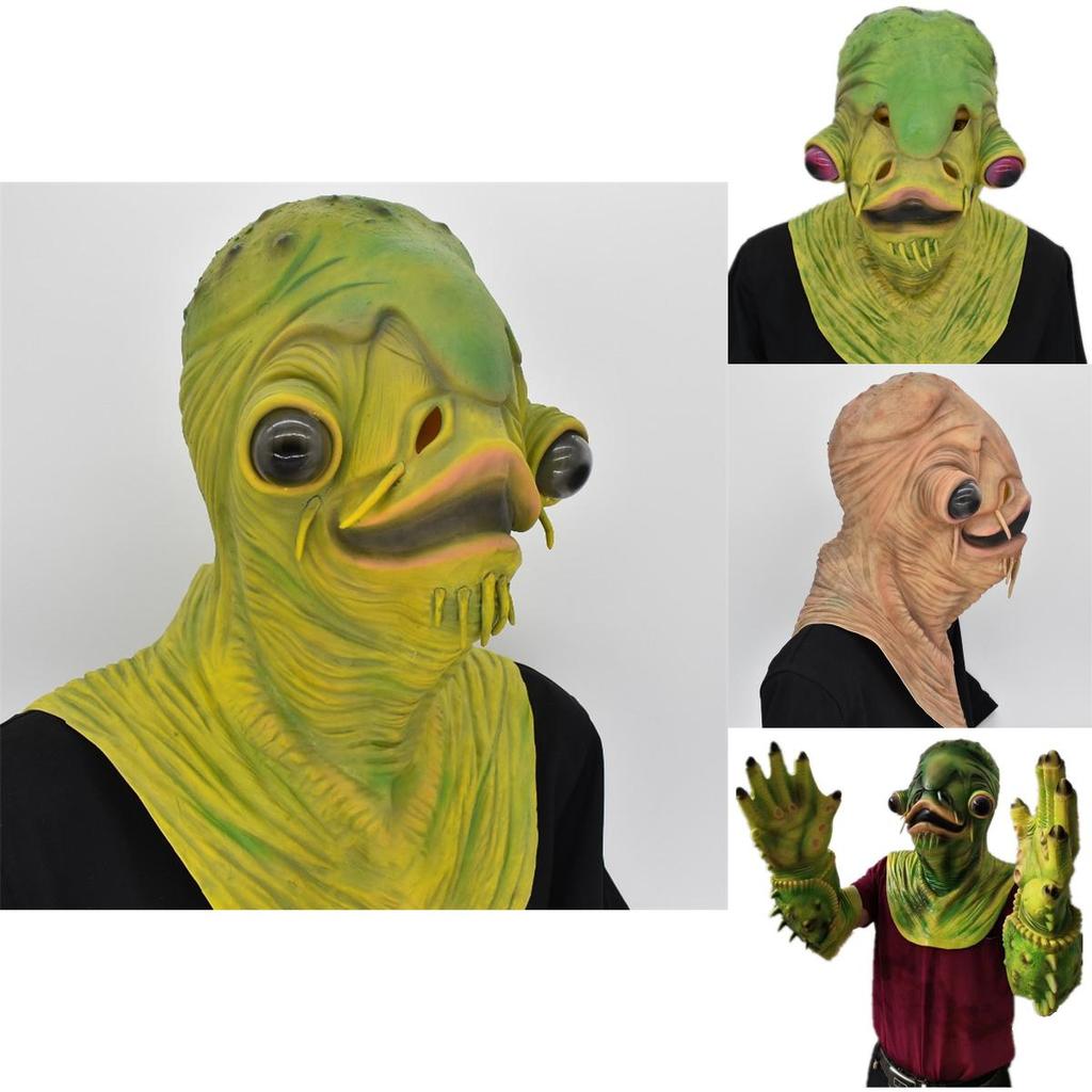 Halloweenská strašidelná maska zelené ryby s drápy pro cosplay a kostýmové večírky