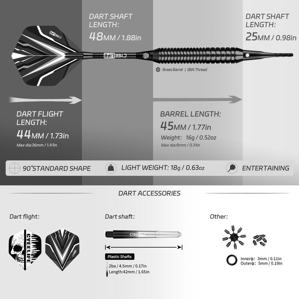 CyeeLife Brass Darts with Plastic Tips 3 Darts, 6 Shafts, 6 Flights, 30 Tips, 2 Flight Protectors, Dart Case Included Professional Soft Darts