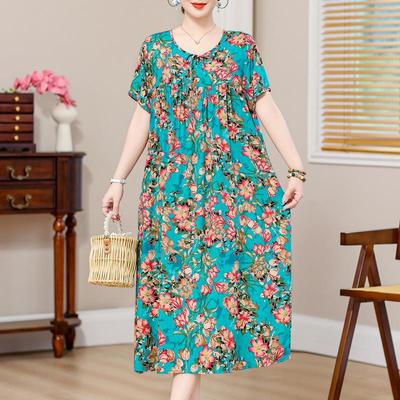 Vestidos elegantes holgados de talla grande para mujer, vestido largo con estampado vintage de manga corta de gran tamaño, ropa informal para mujeres de mediana edad