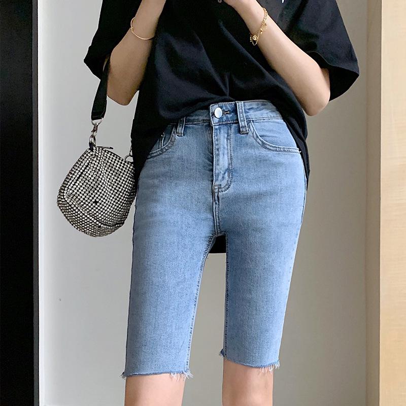 

Women s Elastic Denim Bermuda Shorts - Summer Raw Hem Cycling Capris 25
