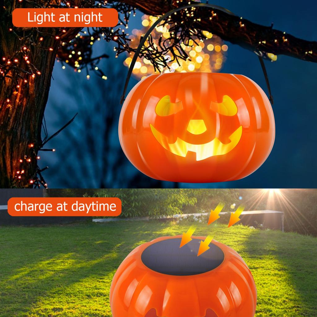 Pumpkin Flame Lights, Outdoor Garden Stake and Hanging Decor, Flickering LED for Halloween Fall Festive