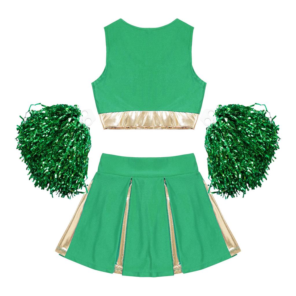 Girl's Cheerleading Uniform Fancy Dress Outfit Cosplay Halloween Costume Crop Top with Skirt and Hand Flowers