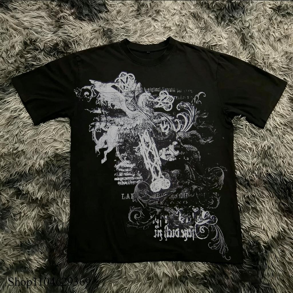 Klassisches Y2K Gothic Stil T-Shirt Druck Oversize T-Shirt High Street Hemden Gothic Rundhals Baumwoll Tops Neu Herren Damen
