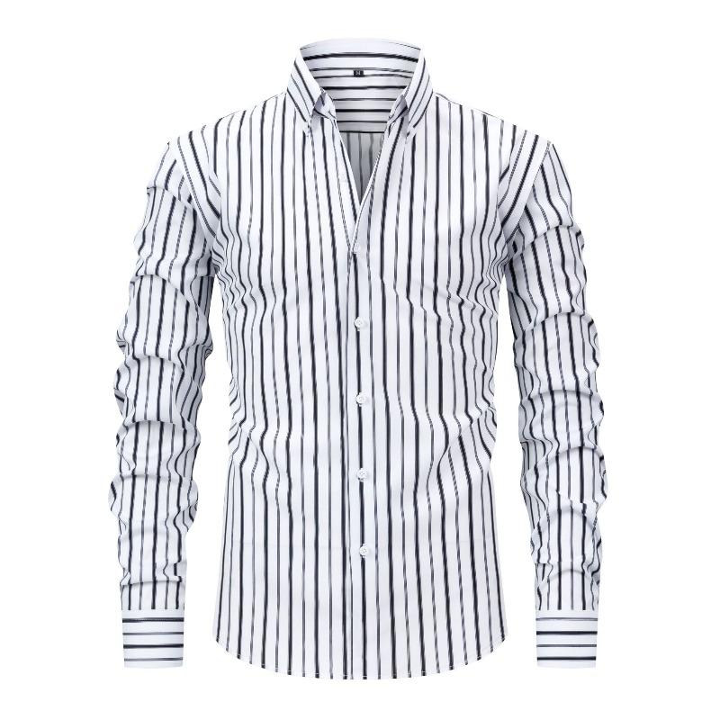 Men's High-Grade 4-Way Stretch Digital Print Striped Long Sleeve Shirt, Turn-down Collar Men Shirt Wholesale