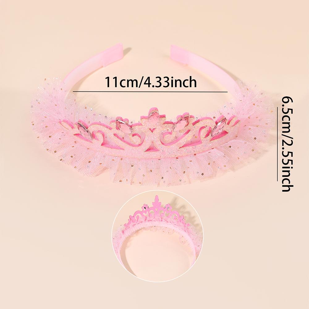 Cute Girls Glitter Princess Tiara Headband with Lace Tulle Rhinestone Crown Hair Hoop Kids Birthday Party Gift Hair Acces