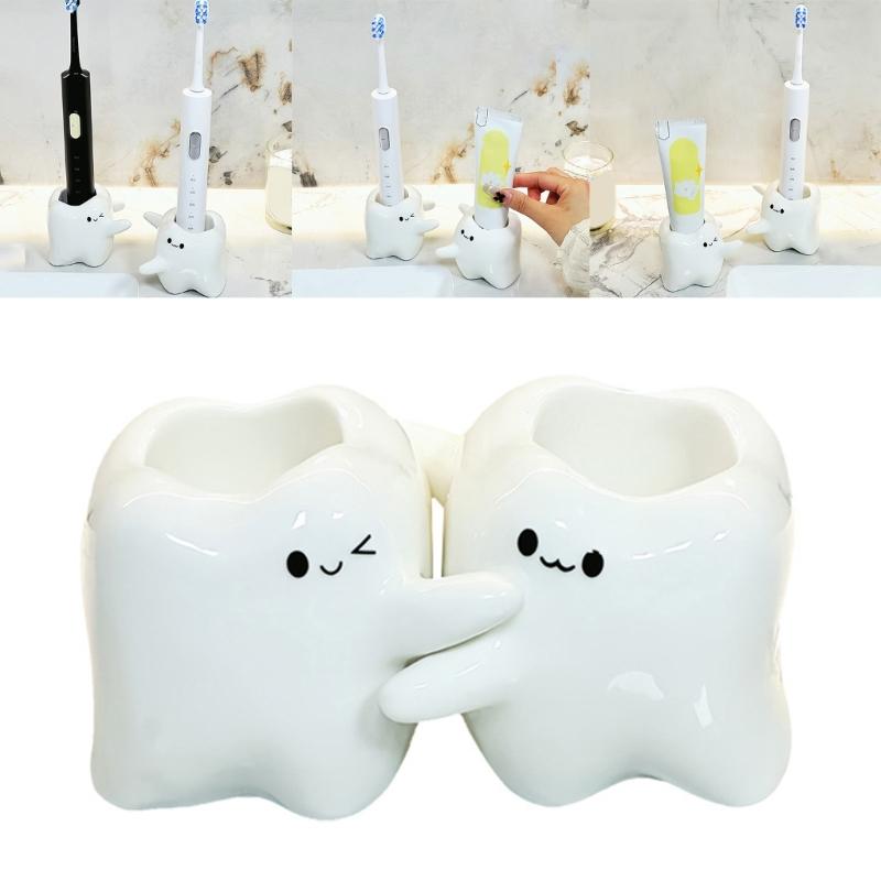 Tooth Shape Ceramic Toothbrush Toothpaste Holder for Home and Bathroom Countertop Tooth Decoration