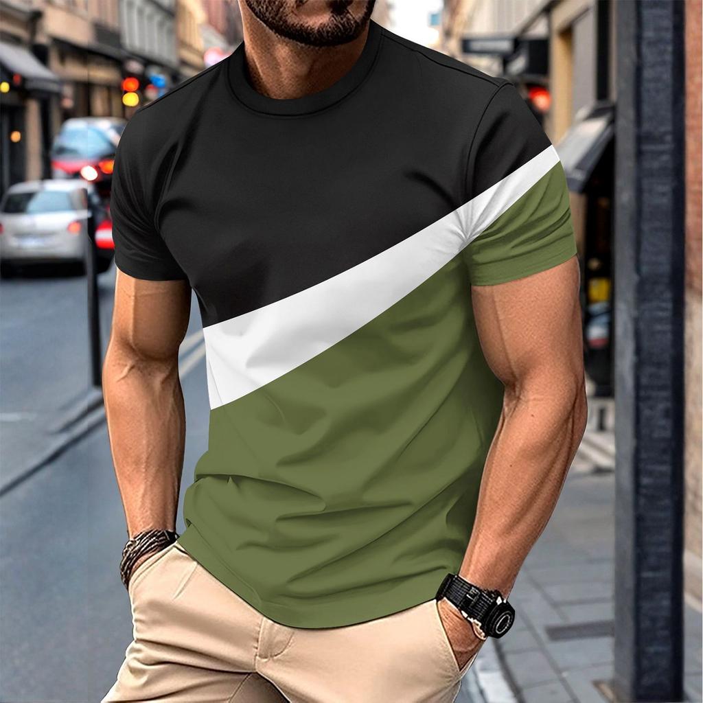 Men's Summer Casual Round Neck Short Sleeve Color Matching Pullover T-shirt Top