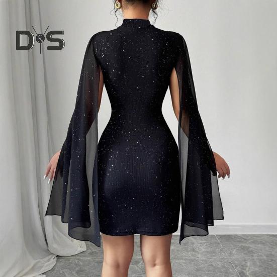 Damenkleid mit Cape-Ärmeln, Stehkragen, figurbetontes Minikleid, sexy, glänzendes Chiffon-Cocktailkleid mit Umhangärmeln für Hochzeit, Abendparty