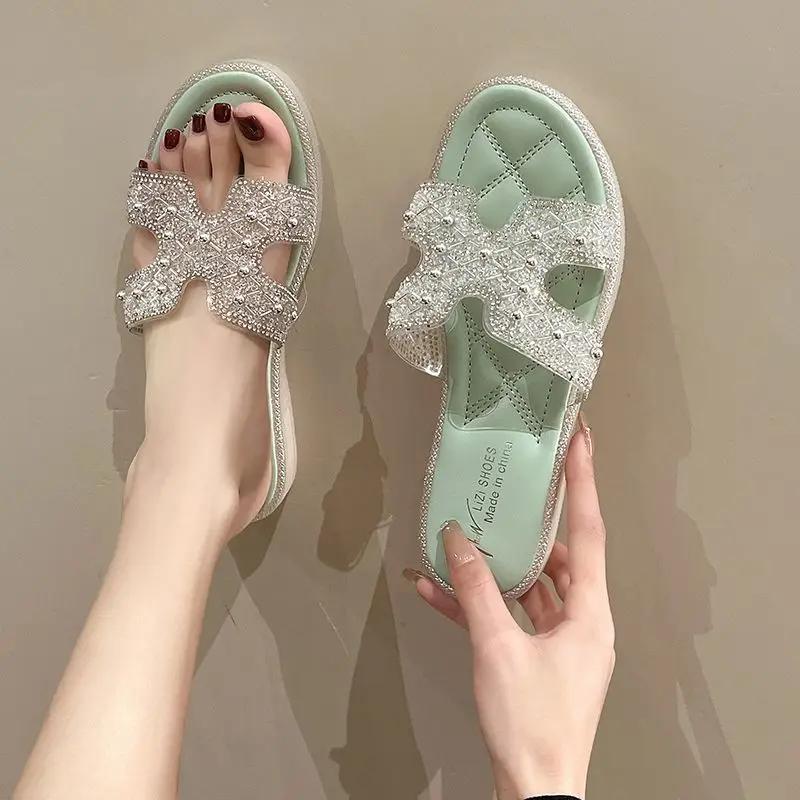 Fashion Rhinestone Soft Women's Slippers and Ladies Sandals H Sandal Small Size Shoes Summer Shoe Sale Chic Elegant High Quality Slides