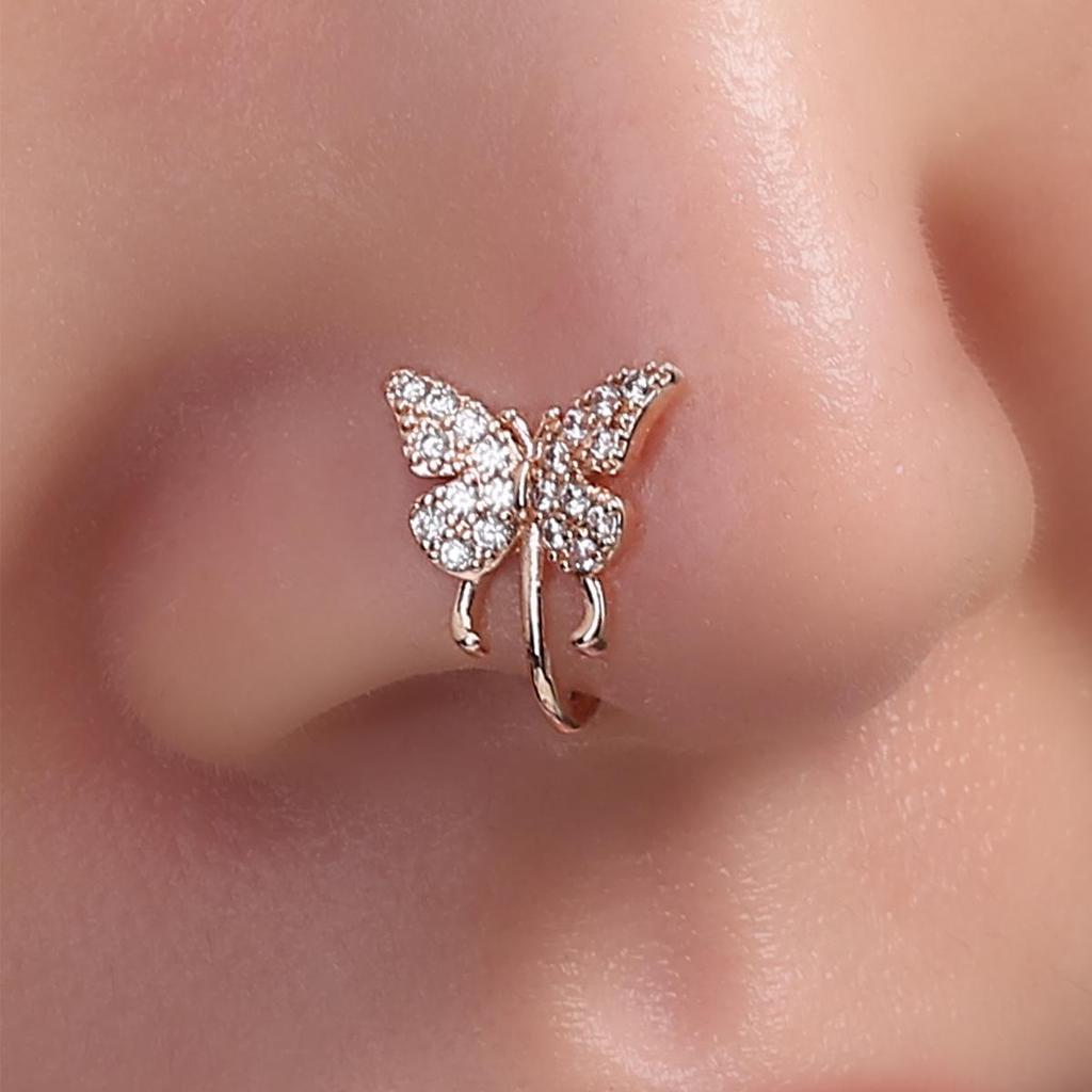 European & American Snake-shaped Copper Nose Ring with Inlaid Diamonds and Butterfly Design
