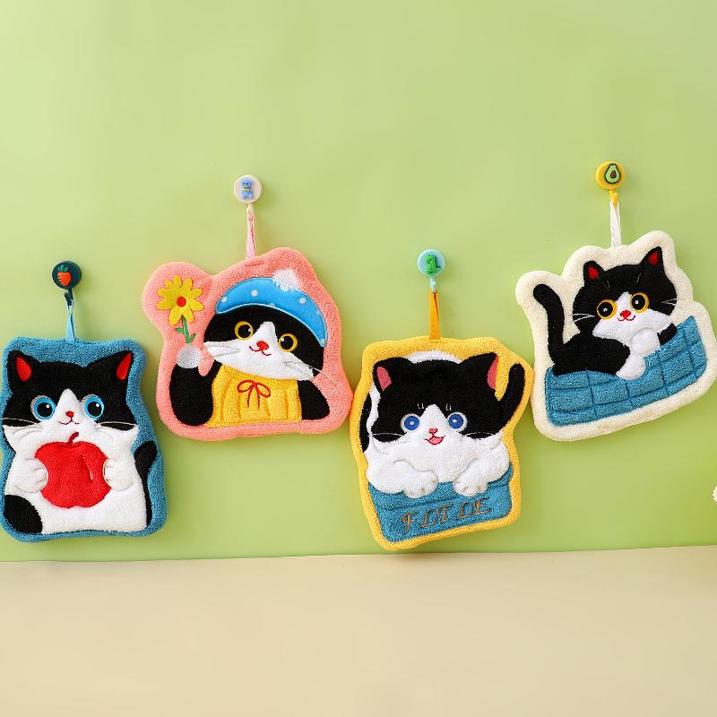 Cartoon Coral Velvet Hand Towel For Kitchen Kawaii Cat Hand Wipe Cleaning Cloth Bathroom Hanging Towel Absorbent Clean Rag