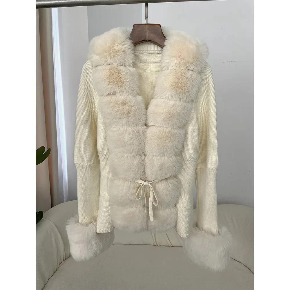 Autumn Winter Women's Fur Coat Patchwork Knitted Sweater Bandage Fur Cardigan Detachable Collar Jacket Faux Fur Coat