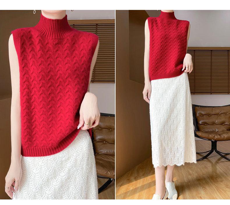 Women's 100% Wool High Neck Cable Knit Sleeveless Vest - Warm Autumn/Winter Shawl
