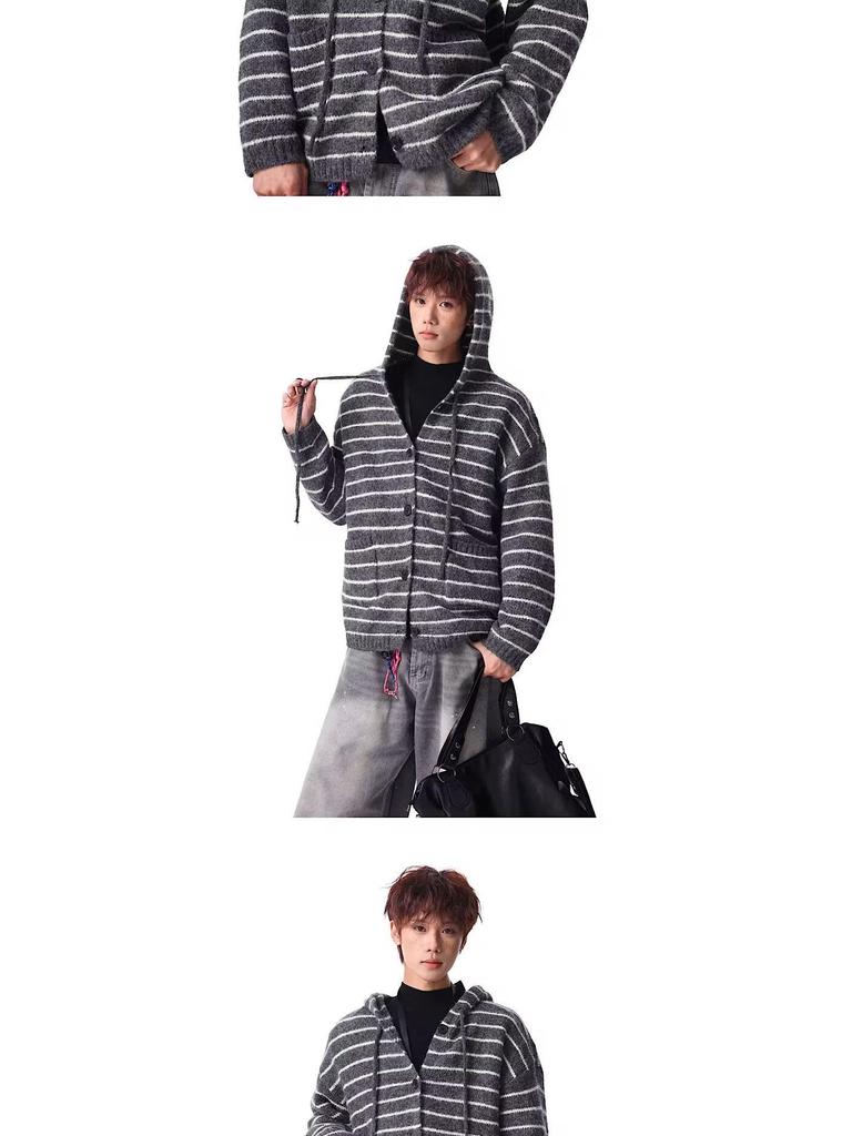 Unisex Schwergewichtiger, gestreifter Kapuzencardigan, Herbst/Winter, Koreanischer Stil, Strickpullover aus Wolle für Paare.