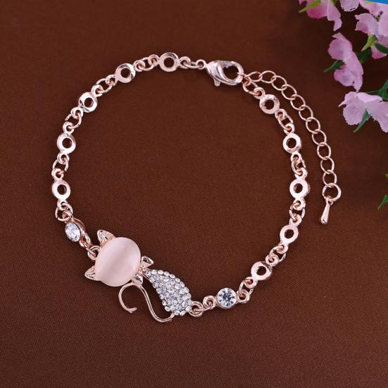 Women Ladies Lovely Cat Pendant Opal Rhinestone Bangle Bracelet Chain Jewelry for Daily Life