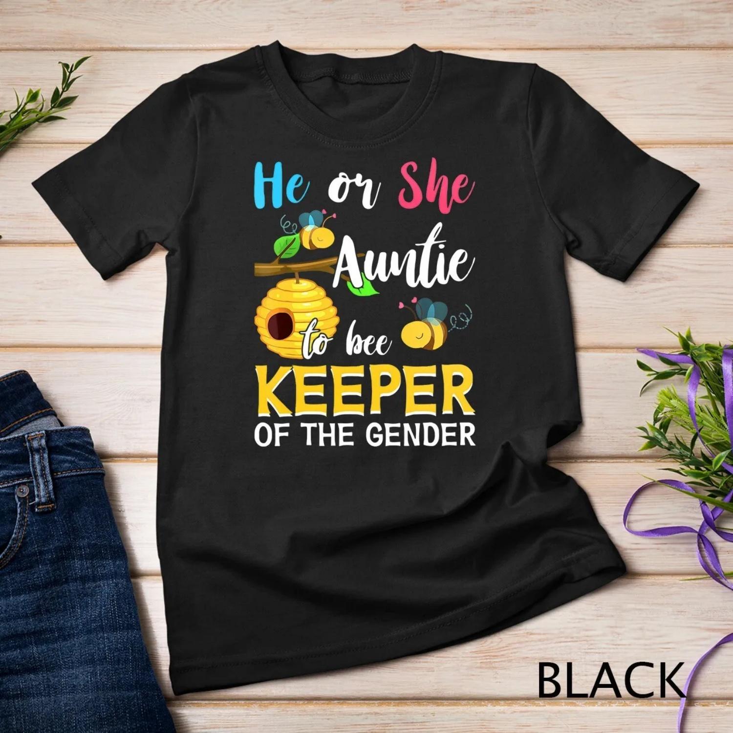 He Or She Auntie To Bee Keeper Of The Gender Reveal s T Shirt S чёрный