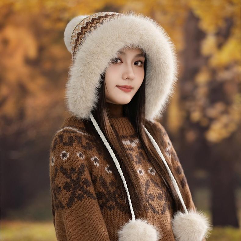 Winter Retro Ethnic Style Knitted Warm Thickened Velvet Cold-proof Wool Hat Women's Warm Ear Protector Hairball Hat