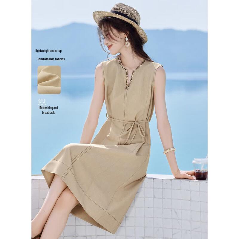 Bohemian Woven Strap V-Neck Sleeveless Dress L