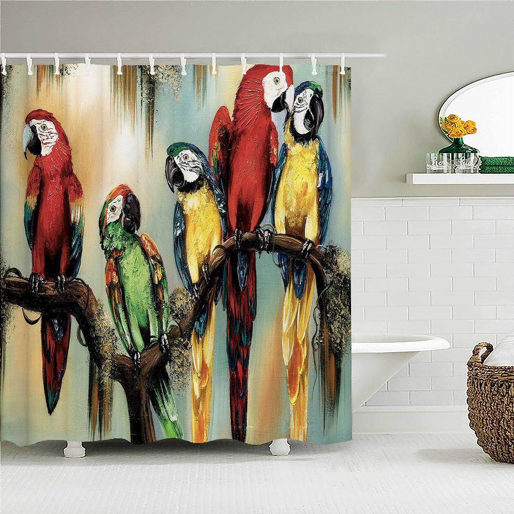 Colorful Birds Parrots Shower Curtain With 12 Hooks Waterproof Polyester Fabric Bath Bathroom Curtain Home Decor, 9 Size
