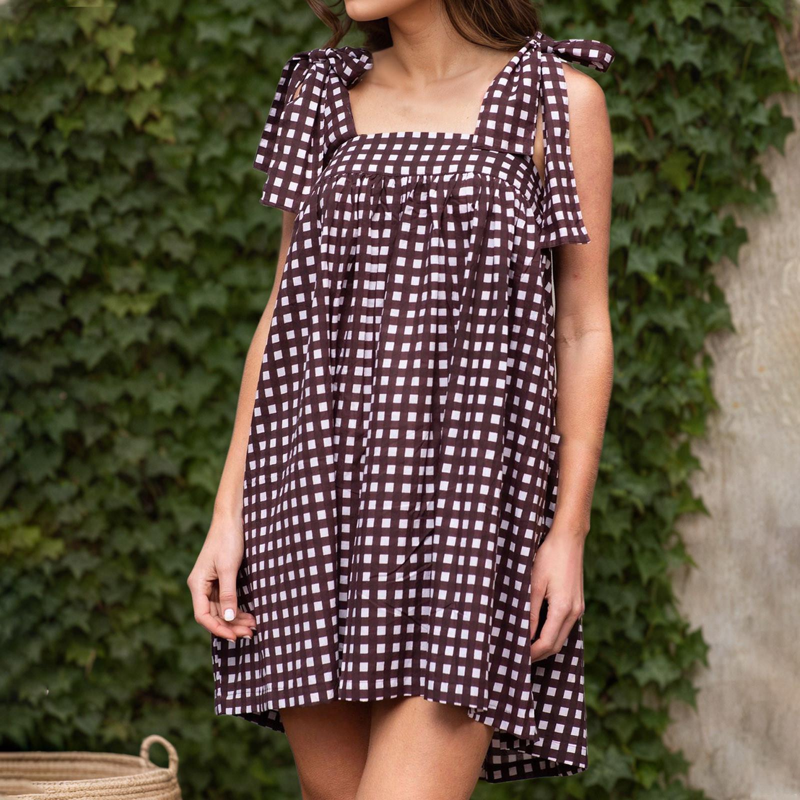 

Women s Flower Tie Dress Cute Square Neck Loose Beach Short Dress Open Back Bohemian Summer Sundress M