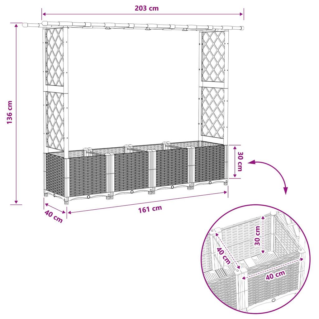Raised Garden Bed with Trellis and Hanging Roof Gray 203 x 40 x 138 cm PP
