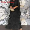 Polyester Chiffon Batwing Sleeve Long Dress With Ruffle And Loose Waist For Spring Fashion