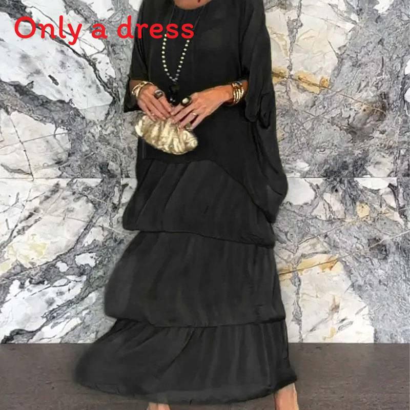 Polyester Chiffon Batwing Sleeve Long Dress With Ruffle And Loose Waist For Spring Fashion