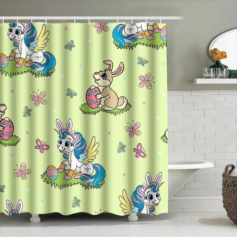 

Charming Unicorn Rabbit Easter Decor Shower Curtain Soft Fabric Bath Room Decoration For Home Decorations Green With Blue/White W60H190(CM)-1 Pcs